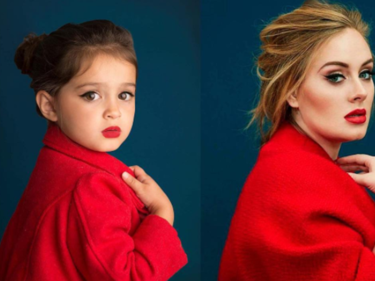 3-latka podobna do Adele w czerwonym płaszczu