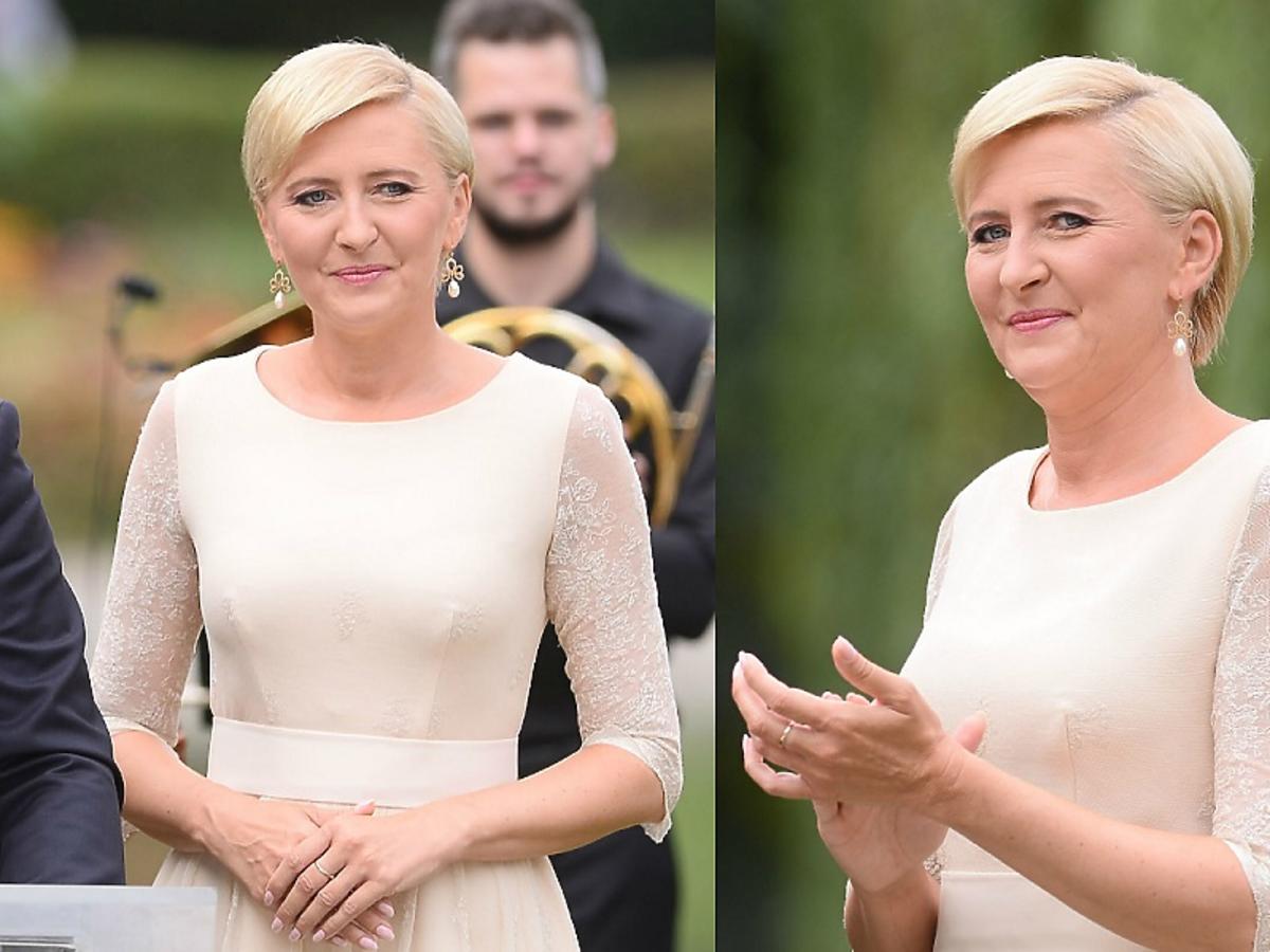 Agata Duda w beżowej sukience