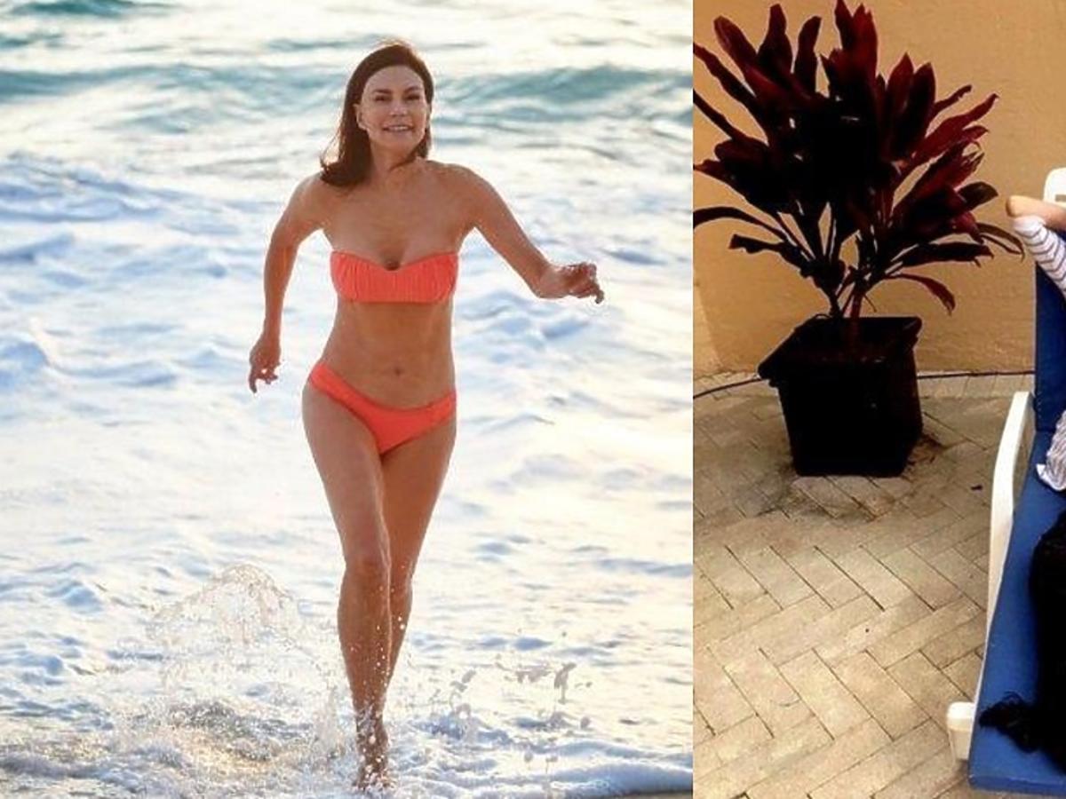 Carolyn biegnąca w pomarańczowym bikini po plaży i leżąca na leżaku