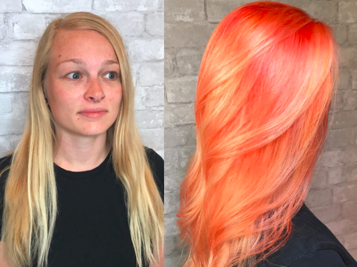 Efekt przed i po koloryzacji tangerine hair