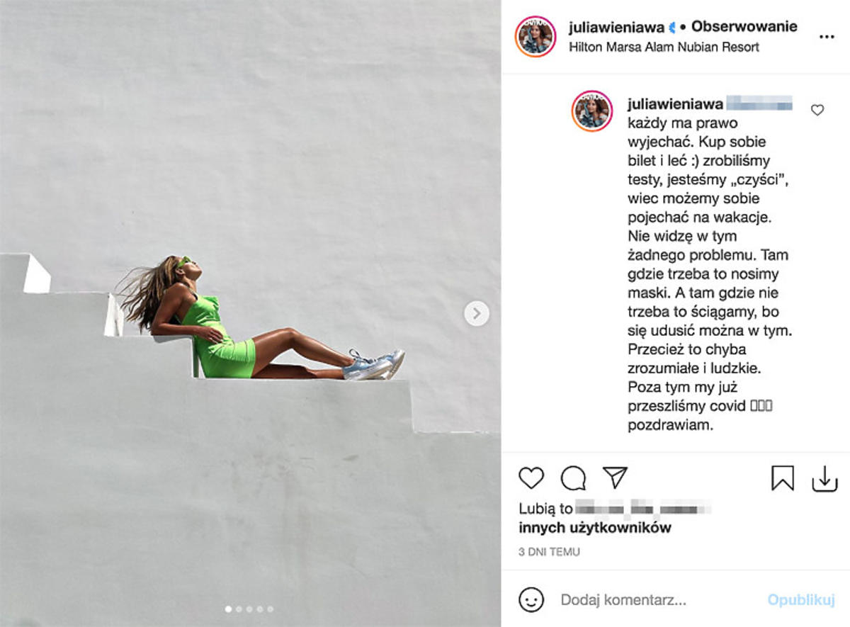 Julia Wieniawa, komentarz na Instagramie