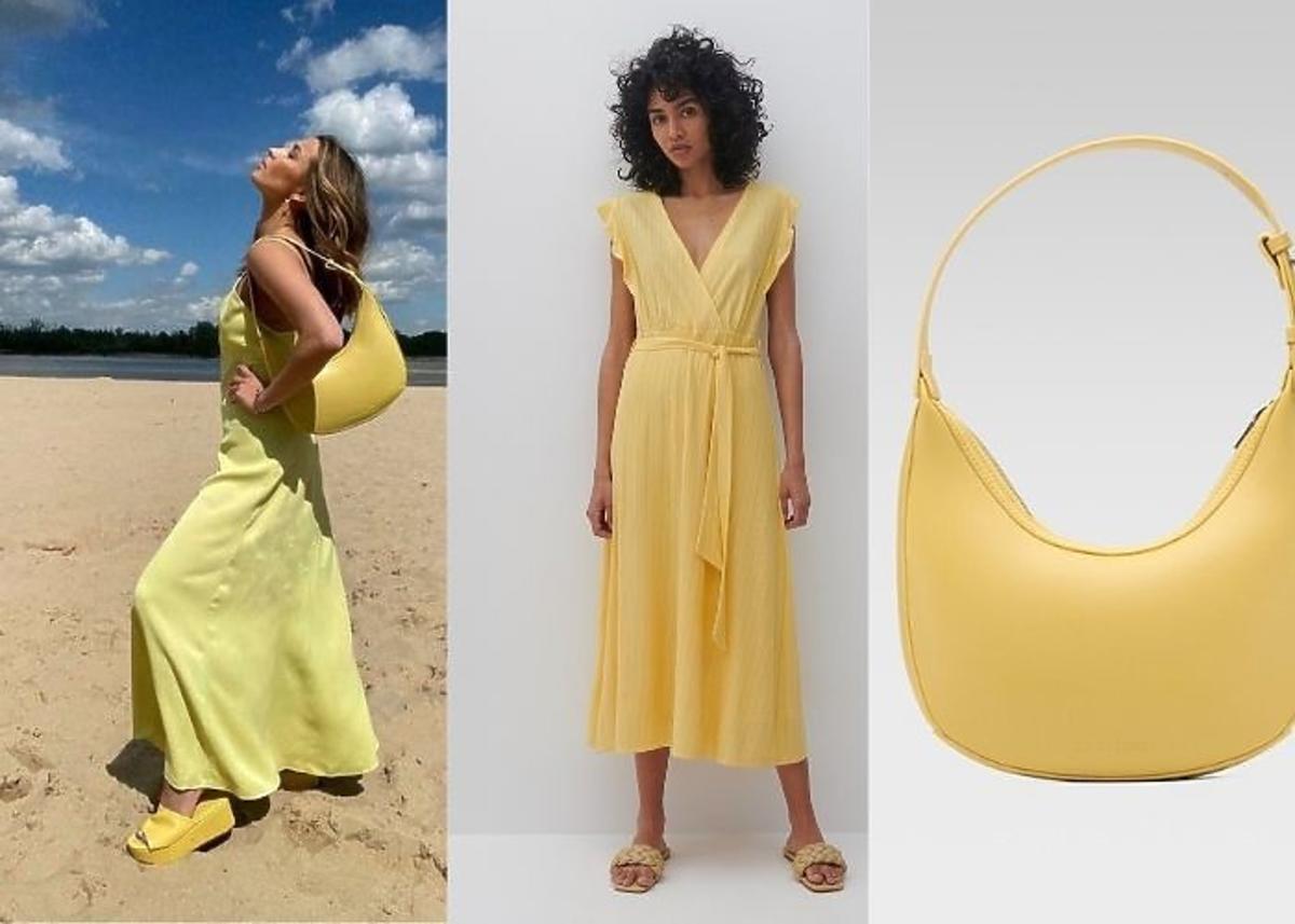 Julia Wieniawa w żółtej sukience, butach i torebce na plaży.