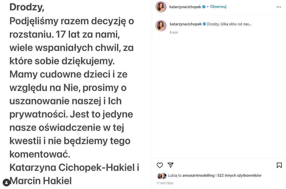Katarzyna Cichopek i Marcin Hakiel rozstali się