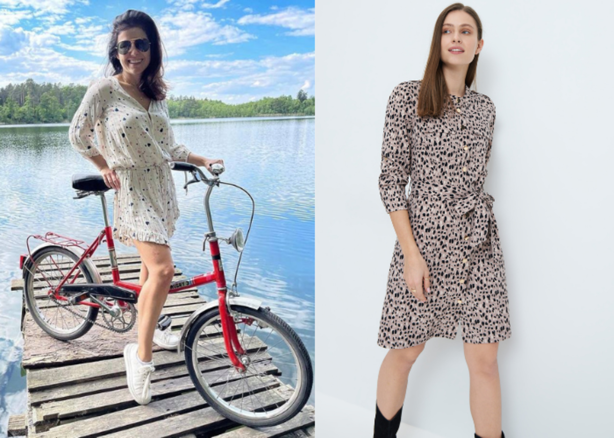 Katarzyna Cichopek w sukience mini, na rowerze. 