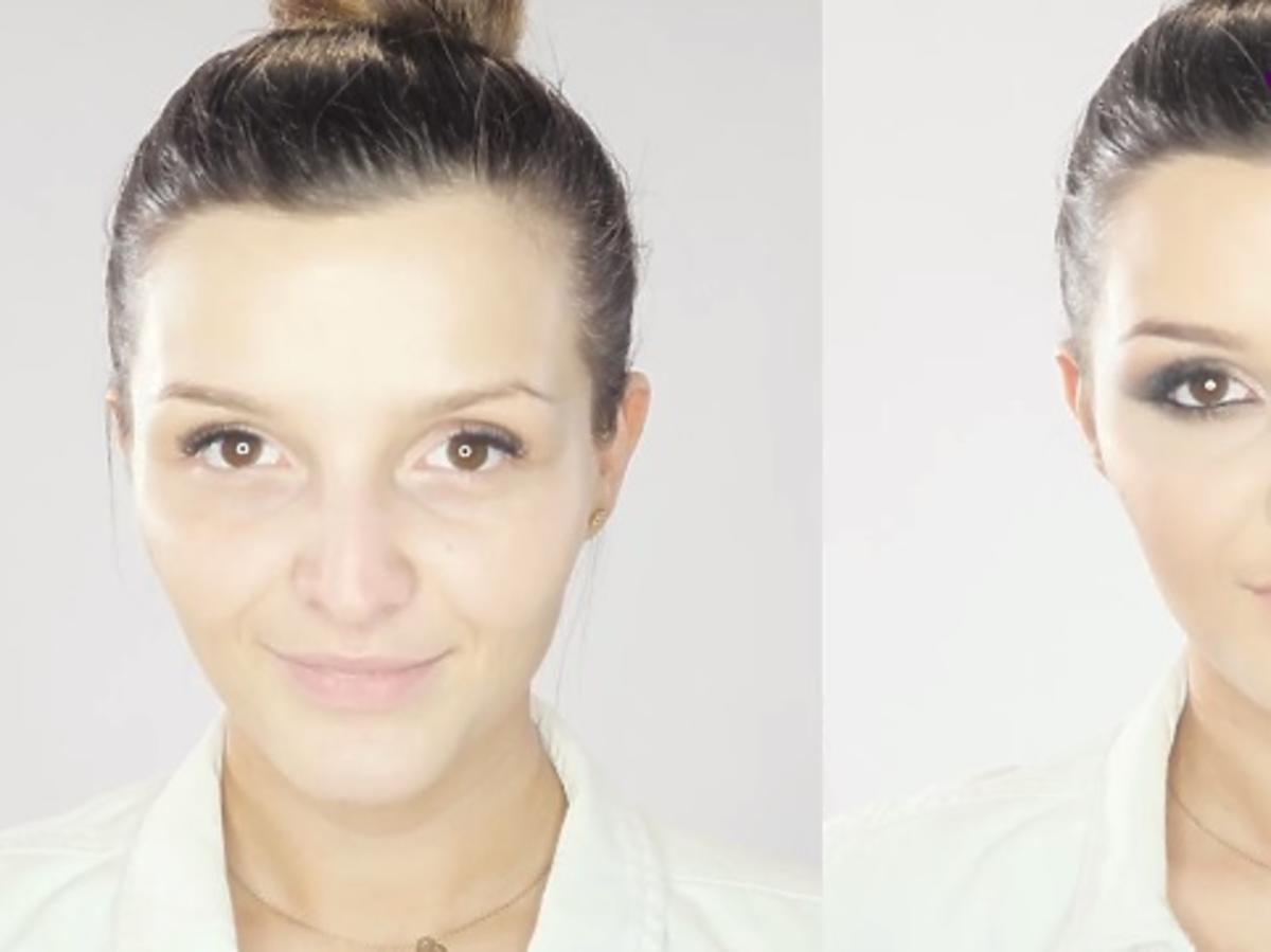 Kobieta pokazuje efekt makijażu przed i po