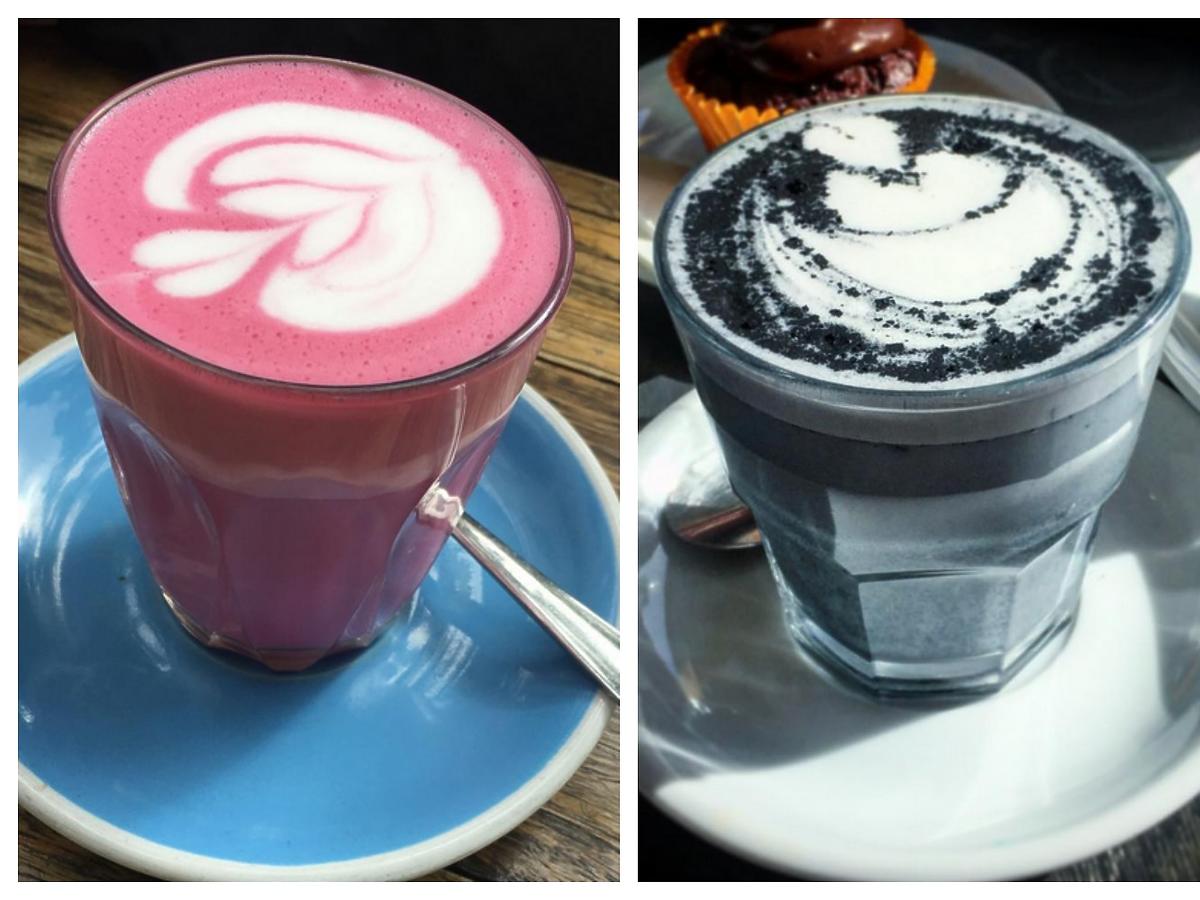 latte węglowe burakowe i z kurkumą trzy kubki