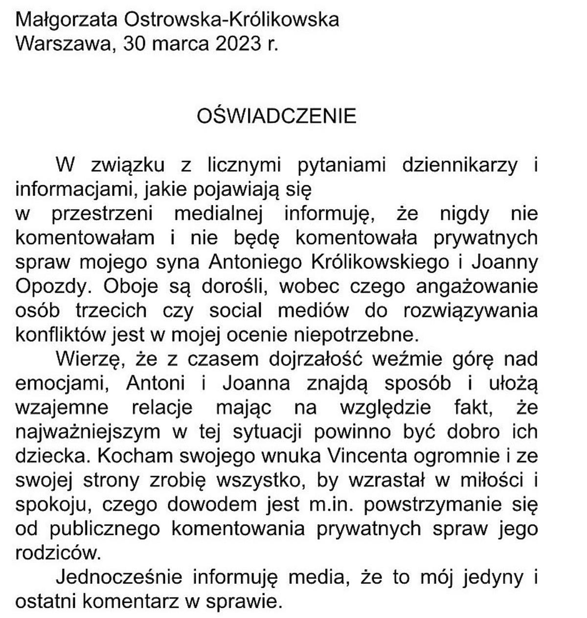 Małgorzata Ostrowska-Królikowska wydała oświadczenie 