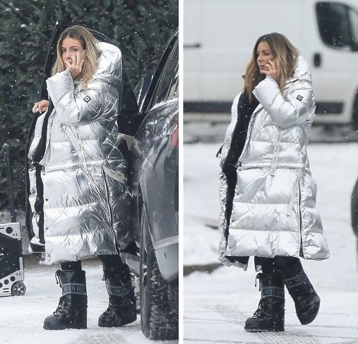 Małgorzata Rozenek-Majdan w srebrnym puchowym płaszczu i czarnych śniegowcach Moon Boots