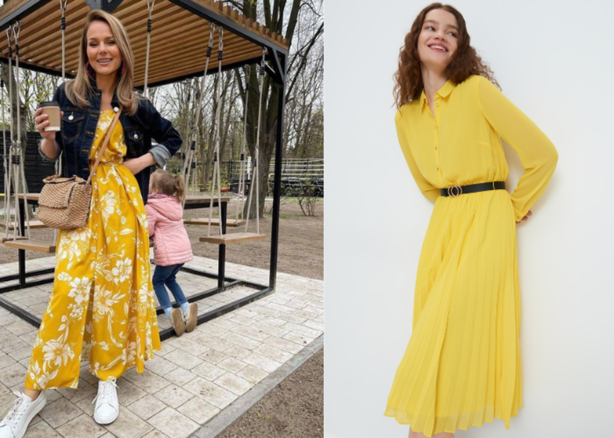 Paulina Sykut-Jeżyna w żółtej sukience maxi w kwiaty, kurtce jeansowej i białych trampkach. 