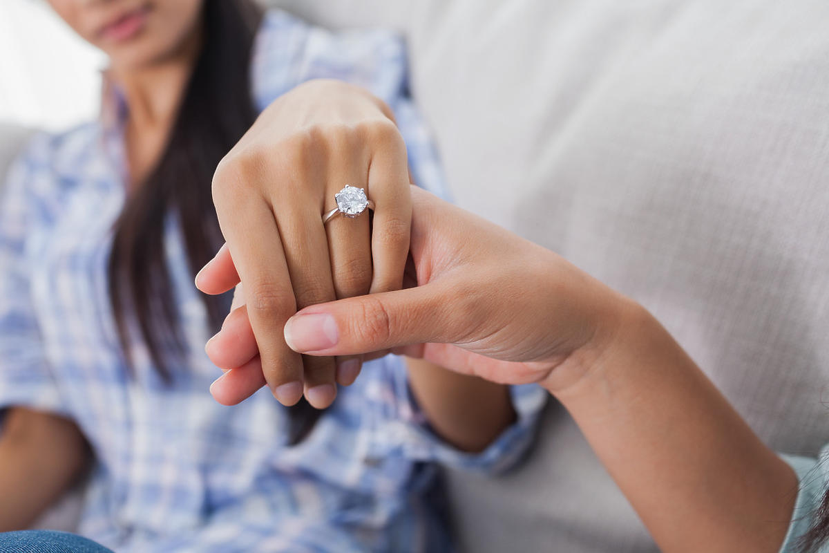 pierścionek zaręczynowy na placu serdecznym prawej dłoni