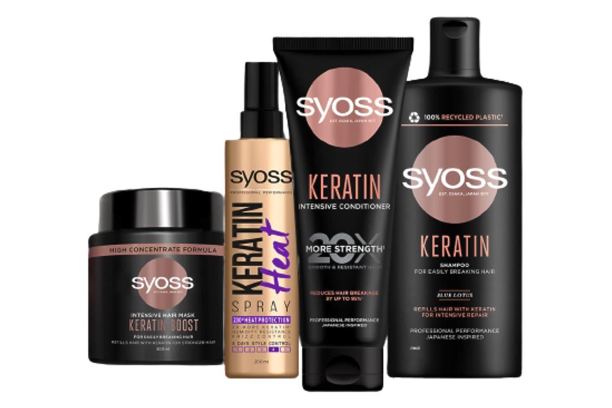 Syoss, Keratin Boost zestaw kosmetyków: maska, szampon, odżywka, spray termoochronny