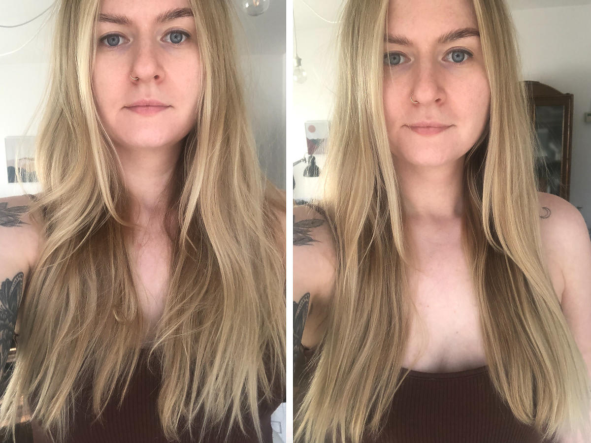 włosy przed i po zastosowaniu triku z TikToka z folią aluminową