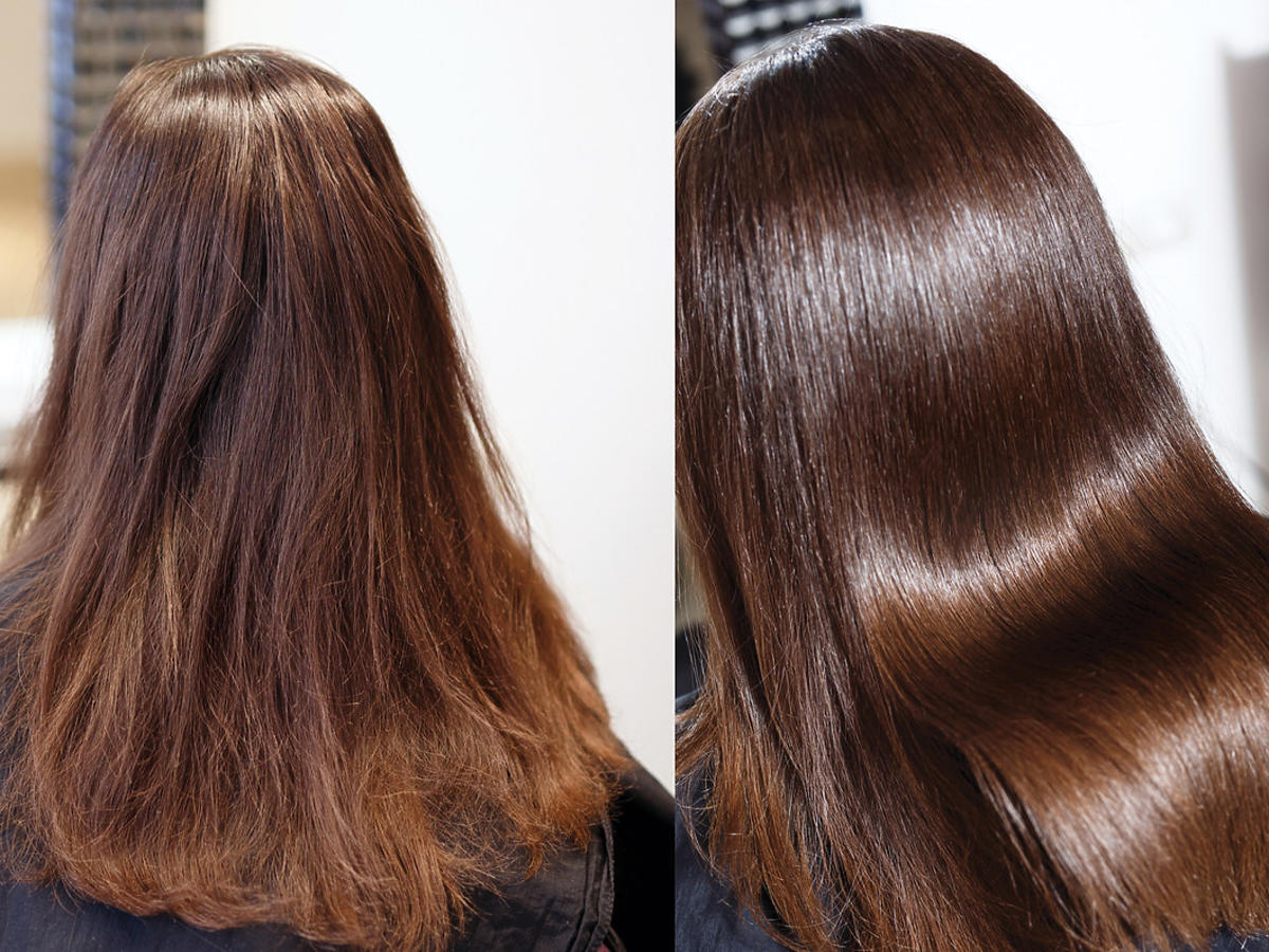 zniszczone włosy przed i po użyciu keratynowego sprayu